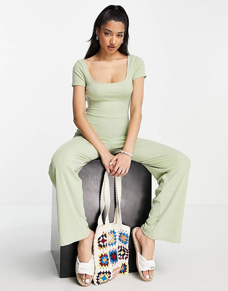 Miss Selfridge backless wide leg rib jumpsuit in green